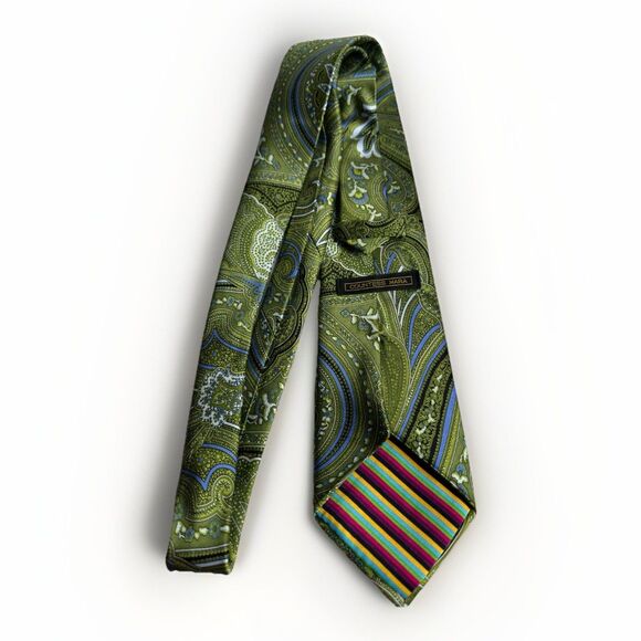 COUNTESS MARA 100% Silk Necktie Green Paisley Multicolor Striped Tip - Picture 14 of 14